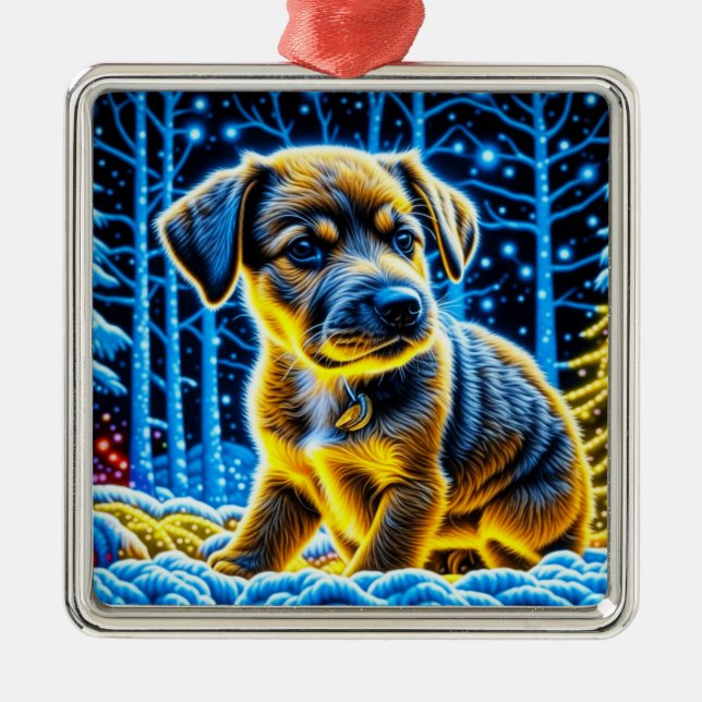 Cute Puppy Dog Playing in Snow Christmas Metal Ornament (Front)