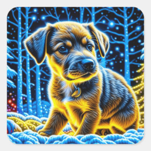 Cute Puppy Dog Playing in Snow Christmas Square Sticker
