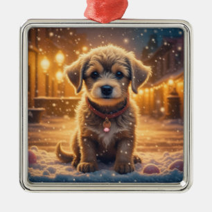 Cute Puppy Dog Playing in the Snow Christmas Metal Ornament