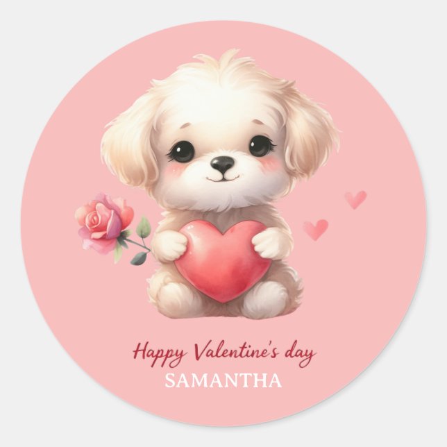 Cute Puppy Dog Red Heart PinkHappy Valentines Day Classic Round Sticker (Front)