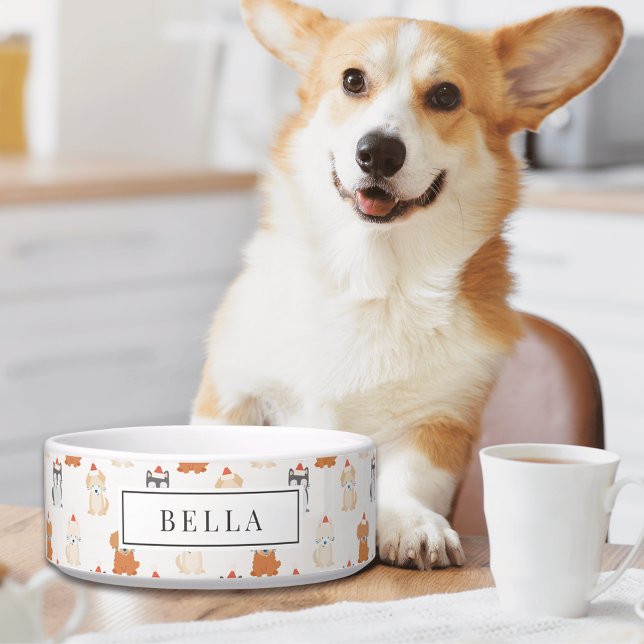 Cute Puppy Dog Santa Pattern Name Pet Bowl (Creator Uploaded)