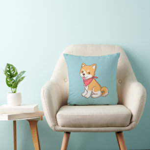 Cute Puppy Dog Shiba Inu on Blue Cushion