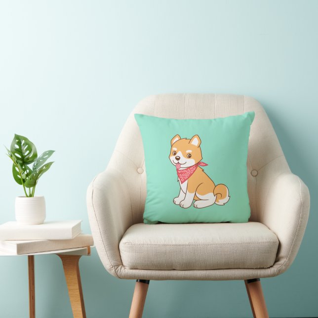 Cute Puppy Dog Shiba Inu on Green Cushion (Chair)