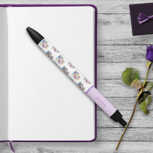 Cute puppy dog sitting on books and flowers girly black ink pen