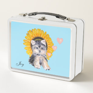 Cute puppy dog, sunflower and hearts on light blue metal lunch box