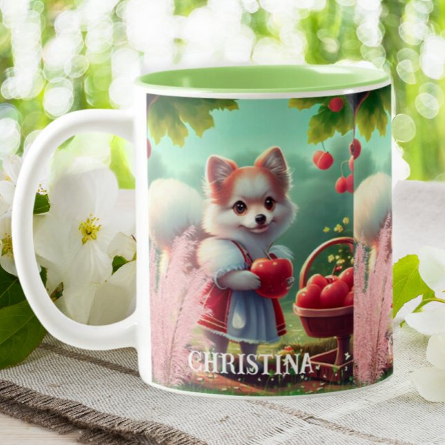 Cute Puppy Dog with Apples Personalised Name Two-Tone Coffee Mug (Creator Uploaded)