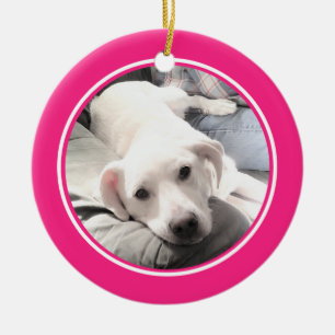 Cute Puppy Dog with Dad Round Hot Pink Ceramic Ornament