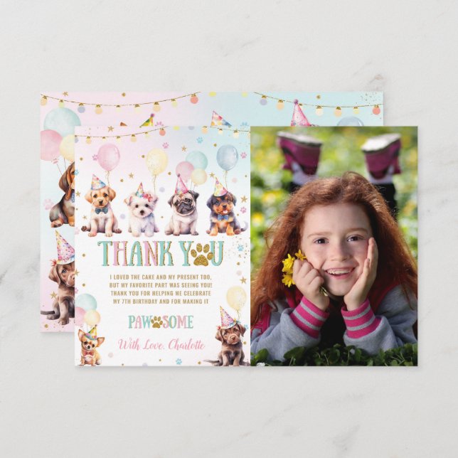 Cute Puppy Dogs Balloons Birthday Party Photograph Thank You Card (Front/Back)