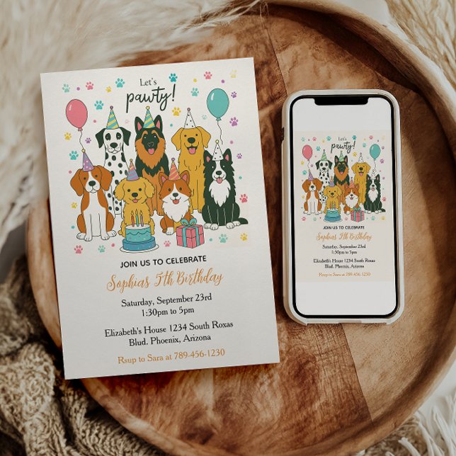 Cute Puppy Dogs Boy 5th Birthday Party Invitation (Cute Puppy Dogs Boy 5th Birthday Party Invitation)