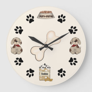 Cute Puppy Dogs, Paw Prints and Bone Large Clock