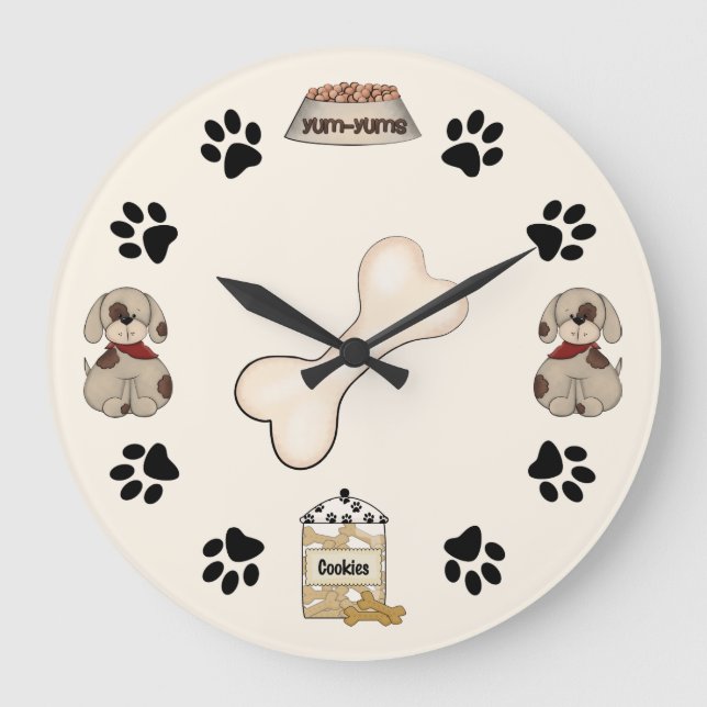 Cute Puppy Dogs, Paw Prints and Bone Large Clock (Front)