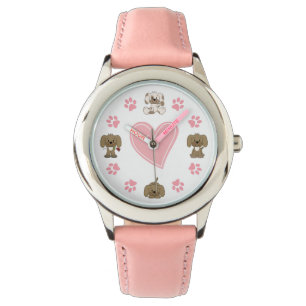 Cute Puppy Dogs, Pink Paw Prints and Heart Watch