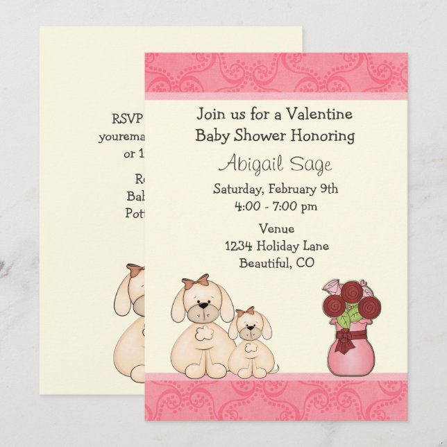 Cute Puppy Dogs Valentine Baby Shower Invite Girls (Front/Back)