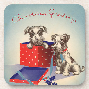 Cute Puppy Dogs, Vintage Christmas Greetings Coaster