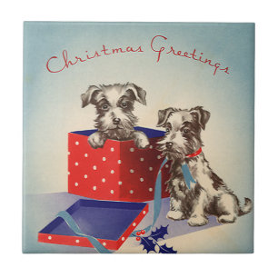 Cute Puppy Dogs, Vintage Christmas Greetings Tile