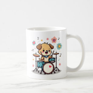 Cute Puppy Drummer - Happy Dog Playing Drums Coffee Mug