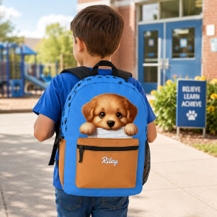 Cute Puppy Eating Homework Blue and Brown Printed Backpack