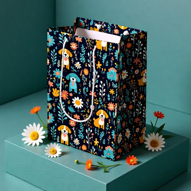 Cute Puppy Floral Pattern Dog Lover Medium Gift Bag (Cute Puppy Floral Pattern Dog Lover Medium Gift Bag)