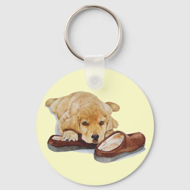cute puppy golden retriever dog cuddling slippers key ring (Front)