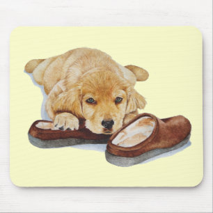 cute puppy golden retriever dog cuddling slippers mouse pad