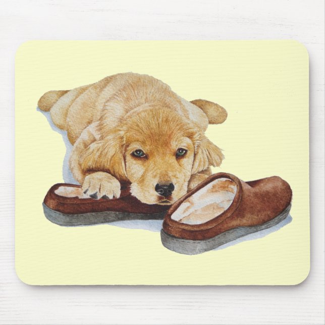 cute puppy golden retriever dog cuddling slippers mouse pad (Front)