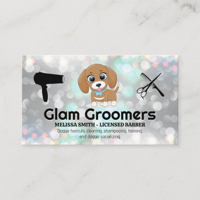 Cute Puppy | Grooming Tools | Glam Bokeh Business Card (Front)