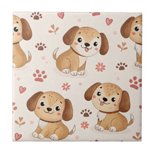 Cute Puppy Hearts Watercolor Pattern (1) Ceramic Tile