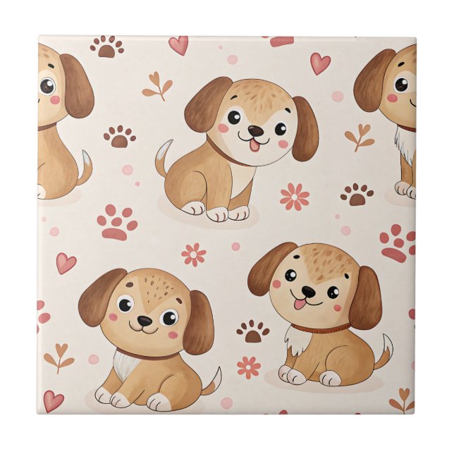 Cute Puppy Hearts Watercolor Pattern (1) Ceramic Tile (Front)