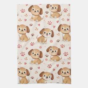 Cute Puppy Hearts Watercolor Pattern (1) Tea Towel