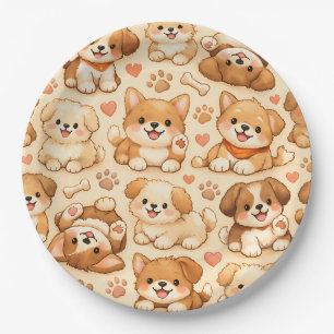 Cute Puppy Hearts Watercolor Pattern (2) Paper Plate
