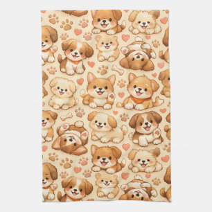 Cute Puppy Hearts Watercolor Pattern (2) Tea Towel