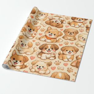 Cute Puppy Hearts Watercolor Pattern (2) Wrapping Paper