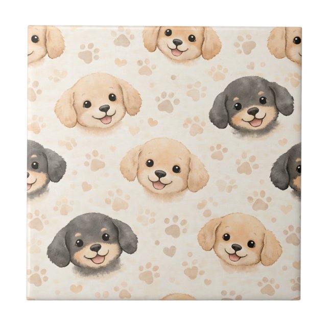 Cute Puppy Hearts Watercolor Pattern (3) Ceramic Tile (Front)