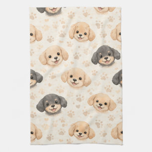 Cute Puppy Hearts Watercolor Pattern (3) Tea Towel