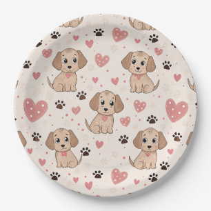 Cute Puppy Hearts Watercolor Pattern (4) Paper Plate