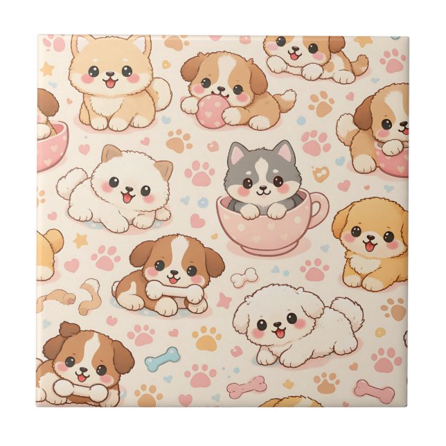 Cute Puppy Hearts Watercolor Pattern (5) Ceramic Tile (Front)