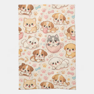 Cute Puppy Hearts Watercolor Pattern (5) Tea Towel