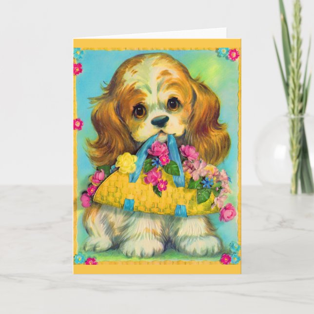 cute puppy holding flower basket card (Front)