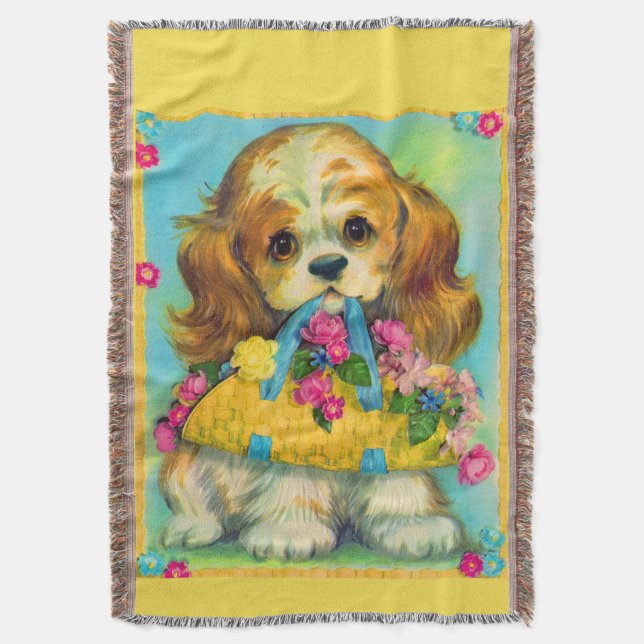 cute puppy holding flower basket throw blanket (Front Vertical)