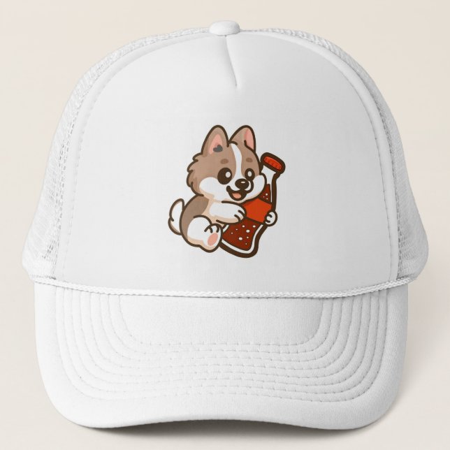 Cute Puppy Hugging Soda Bottle Trucker Hat (Front)