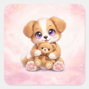 Cute Puppy Hugging Teddy Bear Square Sticker