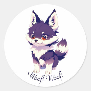 Cute puppy image in anime style classic round sticker