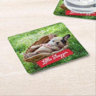 Cute Puppy in a Baseball Mitt Square Paper Coaster