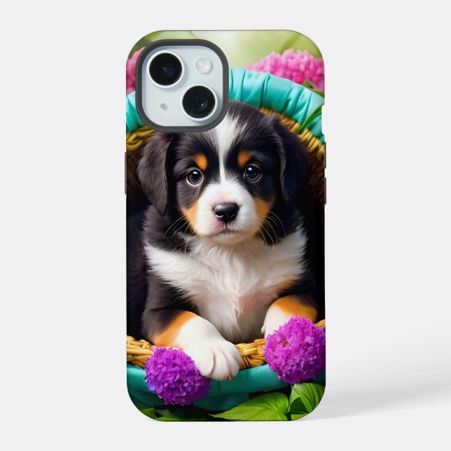 Cute Puppy in a Basket iPhone 15 Case (Back)