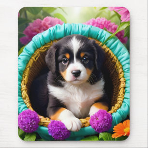 Cute Puppy in a Basket Mouse Pad