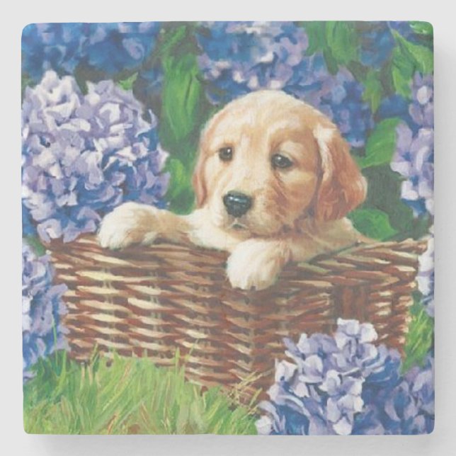 Cute Puppy in a Basket Stone Coaster (Front)