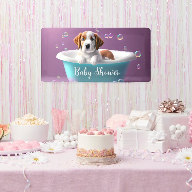 Cute puppy in a bathtub with bubbles, baby shower banner (Party)