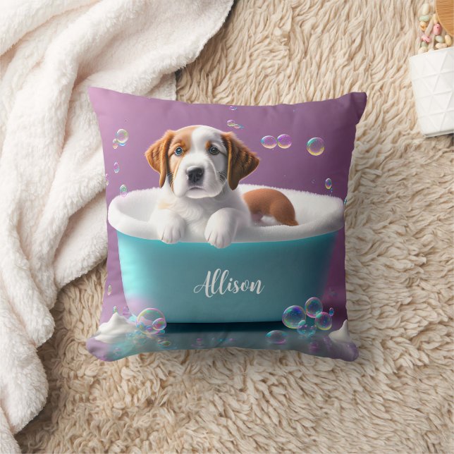 Cute puppy in a bathtub with soap bubbles cushion (Blanket)