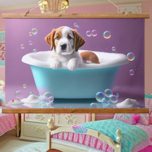 Cute puppy in a bathtub with soap bubbles hanging tapestry