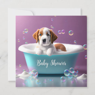 Cute puppy in a bathtub with soap bubbles  invitation
